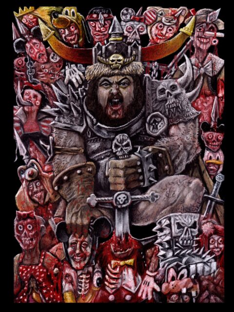 PAPA MEAT VS THE DISNEY ADULTS ⚔️

Art made for @meatcanyon about a year ago. He has kindly let me share it now and I’m grateful 🙏 
If I sat on it any longer I might have done myself an injury, its too mighty and powerful ⚔️💀⚔️

Pastel pencils on black paper 🐀